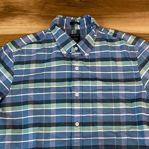 J. Crew Flex Oxford Shirt Mens M Medium Slim Fit Blue Green Plaid Cotton Casual